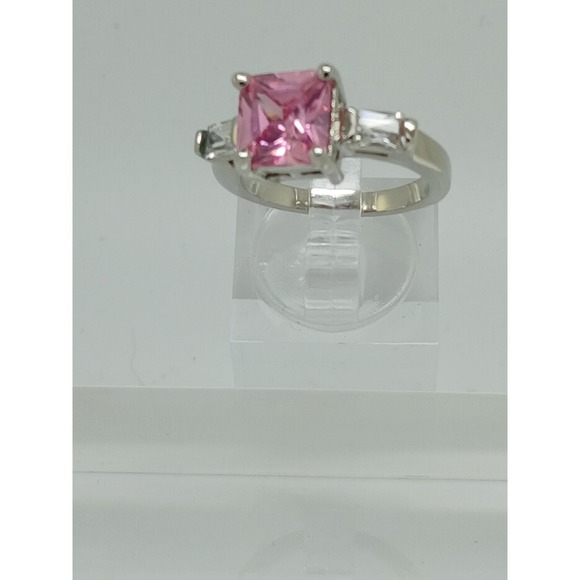 Pink Princess Cut Three Stone Ring Silver Tone Baguette Side Stones Size 9 - Picture 3 of 10